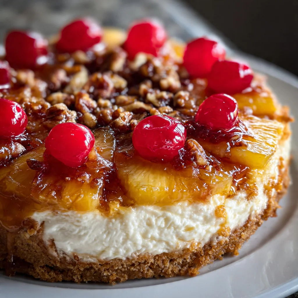 A stunning flipped Pineapple Upside Down Cheesecake with golden caramelized pineapple rings and red cherries on top