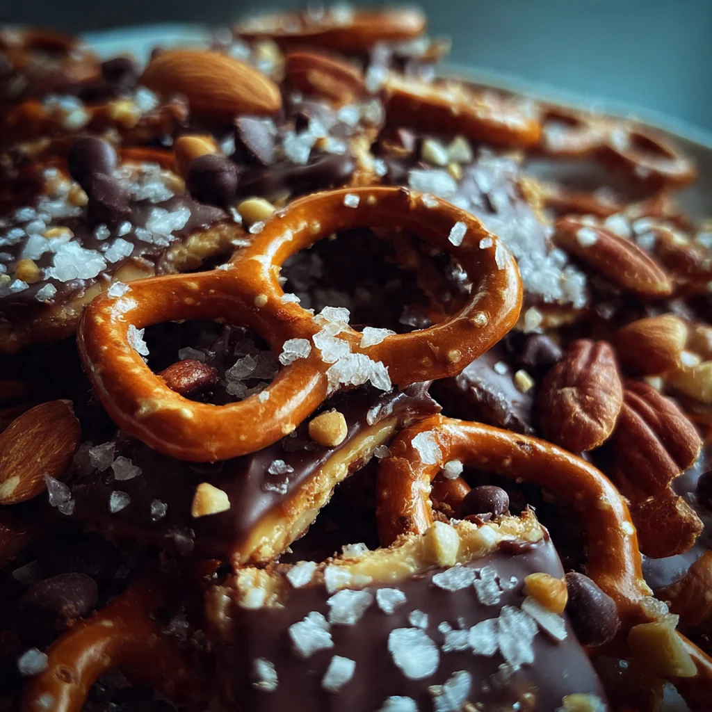 A rustic slab of chocolate pretzel toffee broken into pieces on a wooden board