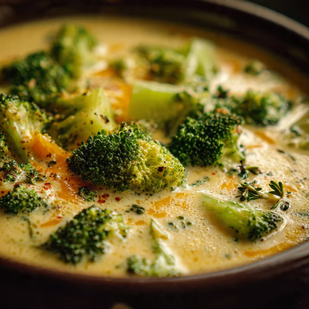 A creamy pot of broccoli cheese soup with melted cheddar and fresh broccoli florets