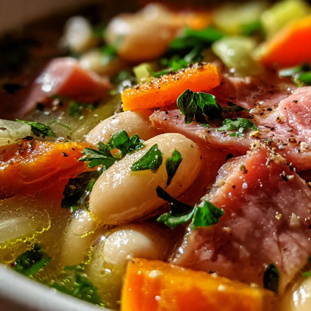 A steaming bowl of hearty ham and bean soup with tender beans, carrots, and chunks of ham