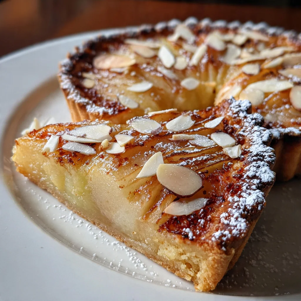A gorgeous pear frangipane tart with sliced pears fanned in a circular pattern on a golden almond filling