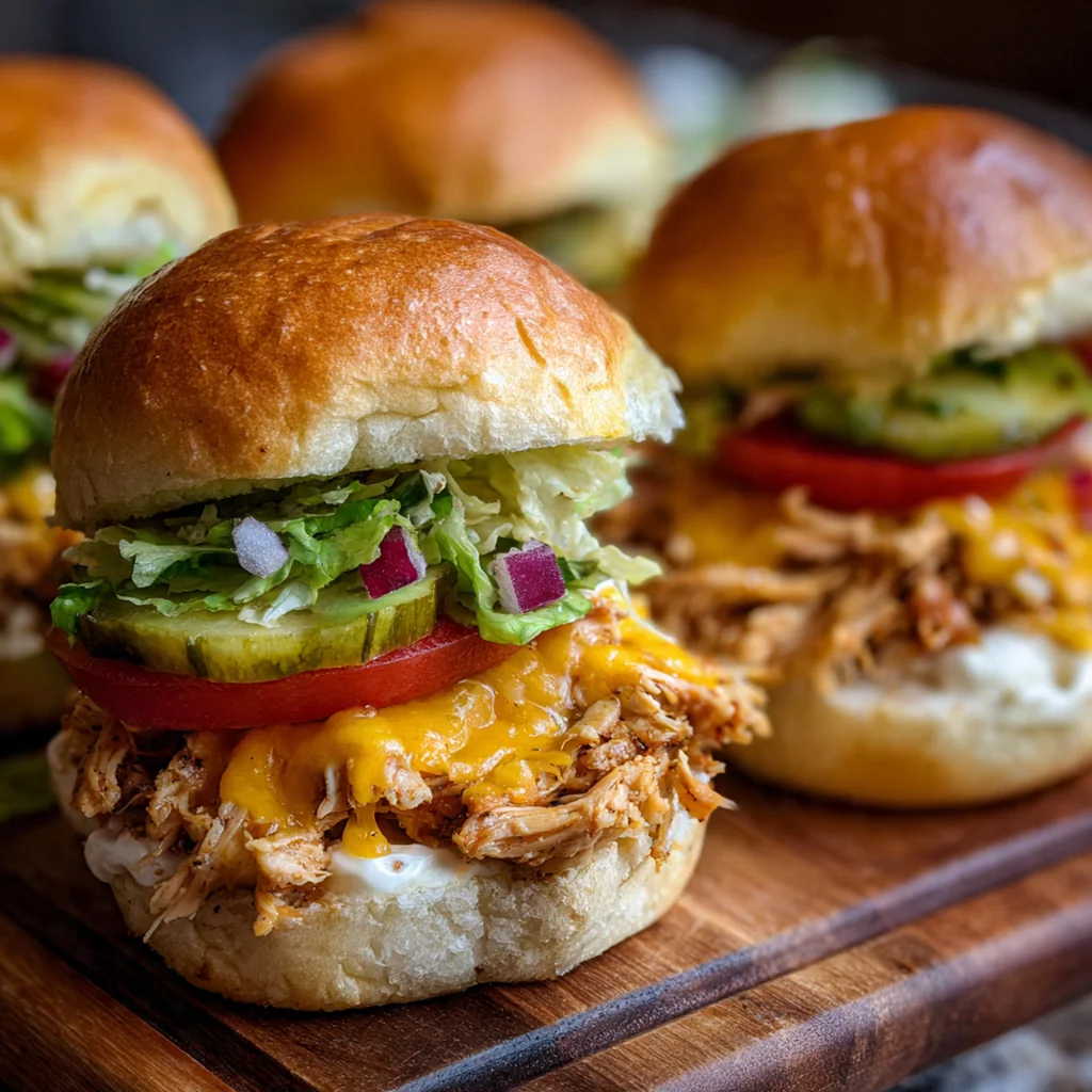 A platter of warm rotisserie chicken sliders with melted cheddar cheese peeking out from soft golden buns