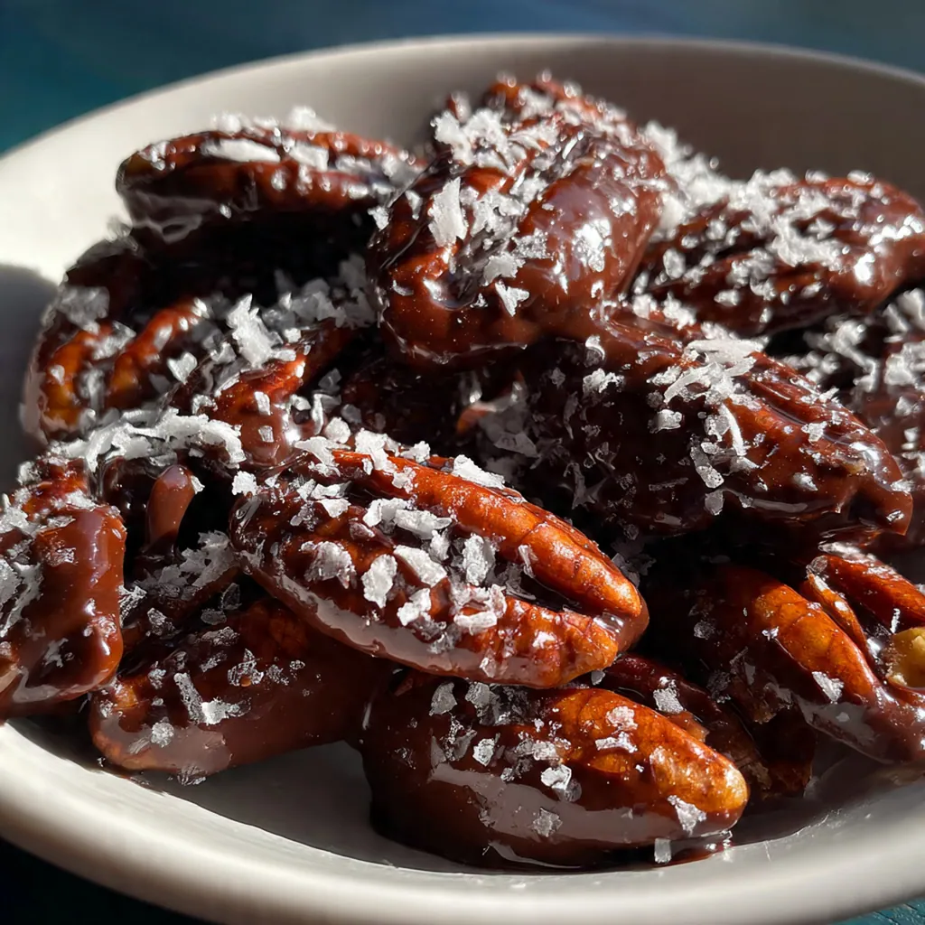 A generous pile of glossy chocolate covered pecans with flakes of sea salt on a rustic wooden board