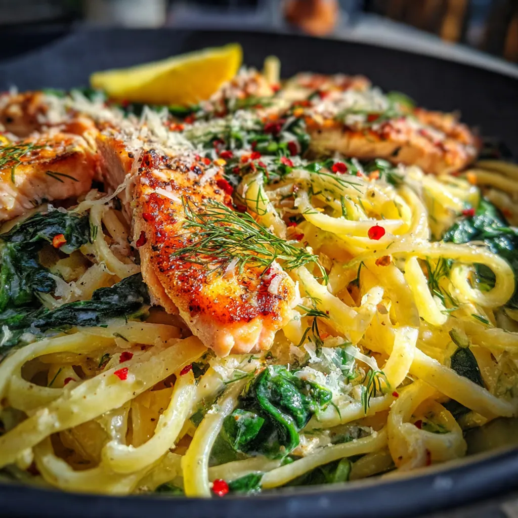 A skillet of creamy salmon pasta with flaky pink salmon and fettuccine coated in a rich sauce